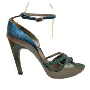 Salvatore Ferragamo Leather Metallic Gray and Teal Ankle Strap Heels Size 7.5